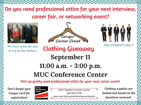 Professional Clothing Giveaway on September 11th in the MUC Conference Room. 